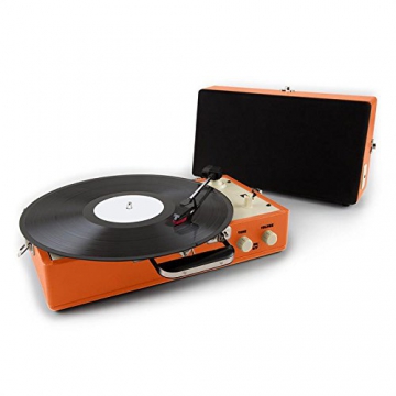 Auna Nostalgy Buckingham Kofferplattenspieler 50er Jahre Retro Schallplattenspieler im Koffer ( inkl. Tonabnehmersystem, 3 Geschwindigkeiten, Holz-Gehäuse mit Kunstleder-Bezug, AUX-IN, tragbar) orange - 1